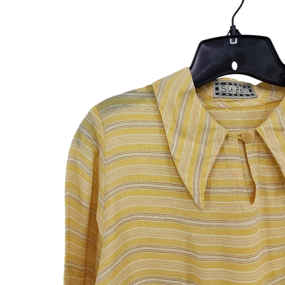 SuZen Women's Cotton Linen Stripes Keyhole Button Top - S - Picture 2 of 13